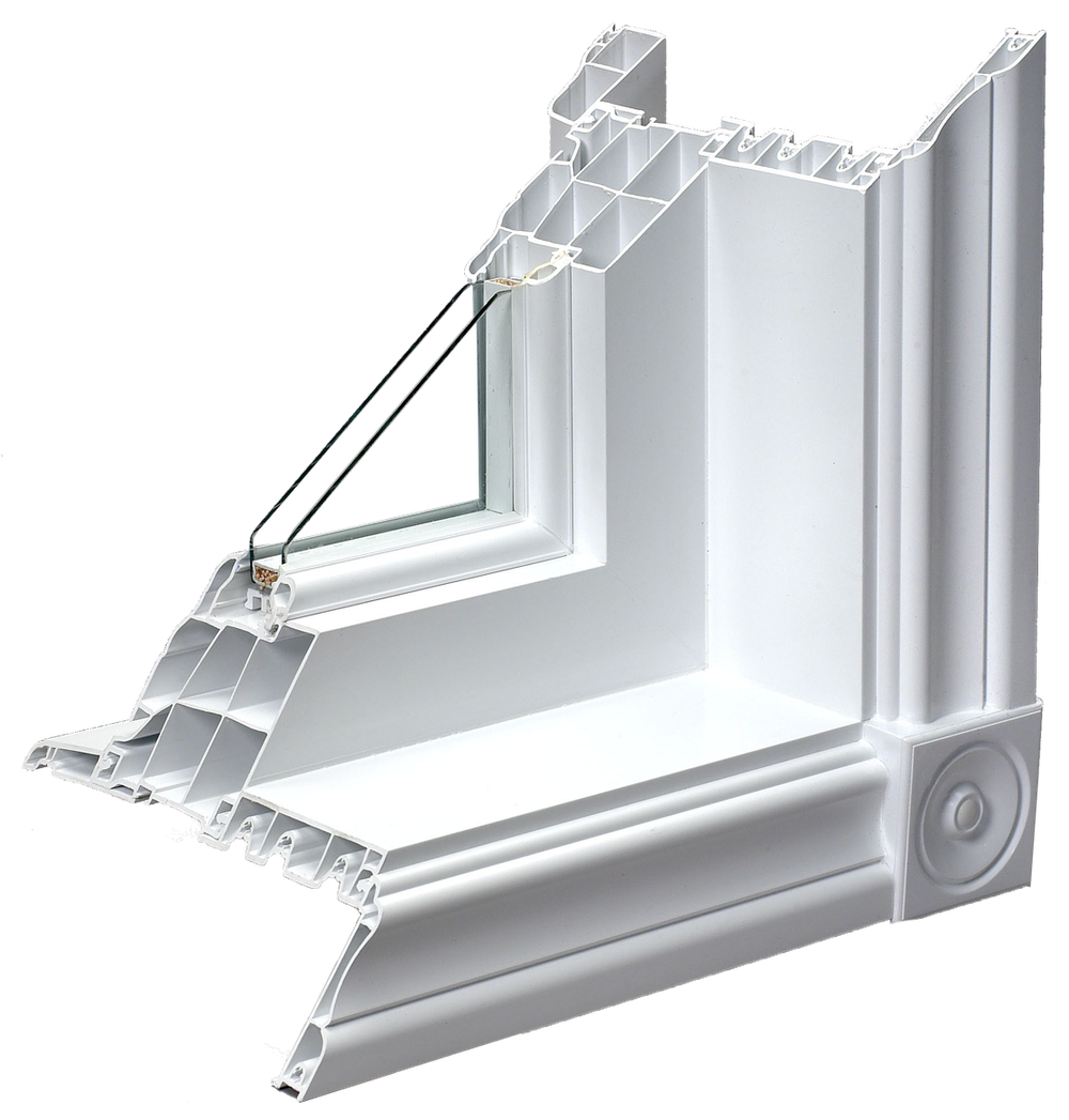 Cutaway of a WDC vinyl window showing glass, spacer and frame layers