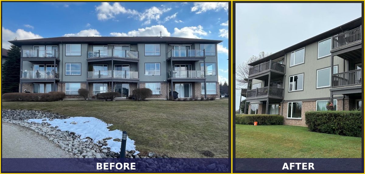 Before and after of an apartment building window project, cover art for this field note
