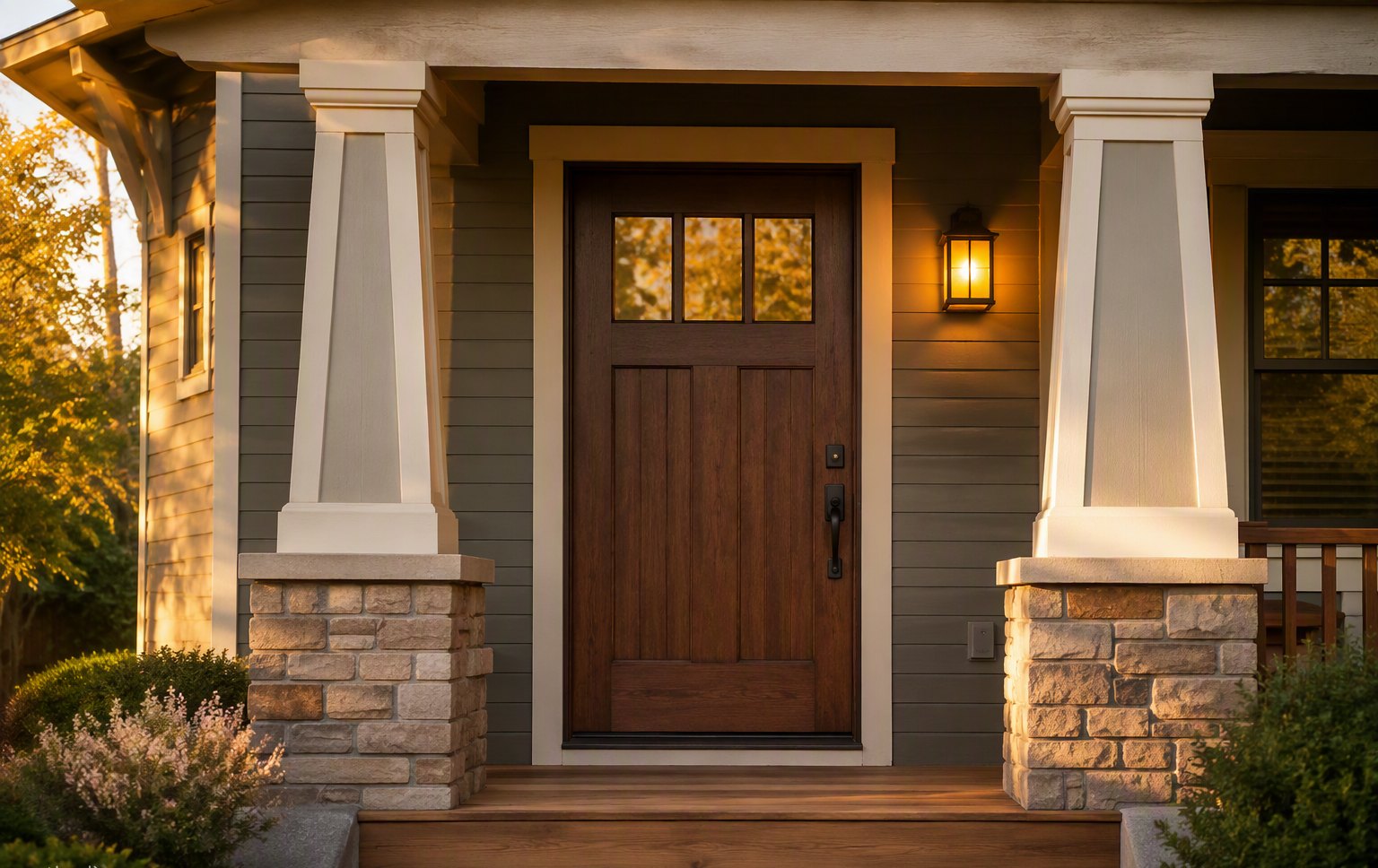 Design inspiration: craftsman door with three top lites and tapered columns