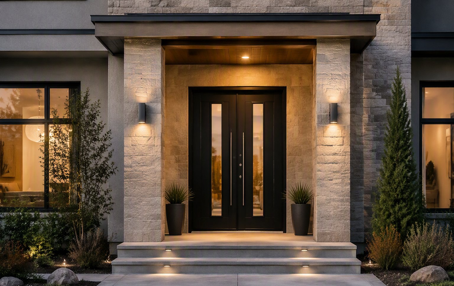 Design inspiration: black double entry doors on a stone home at dusk