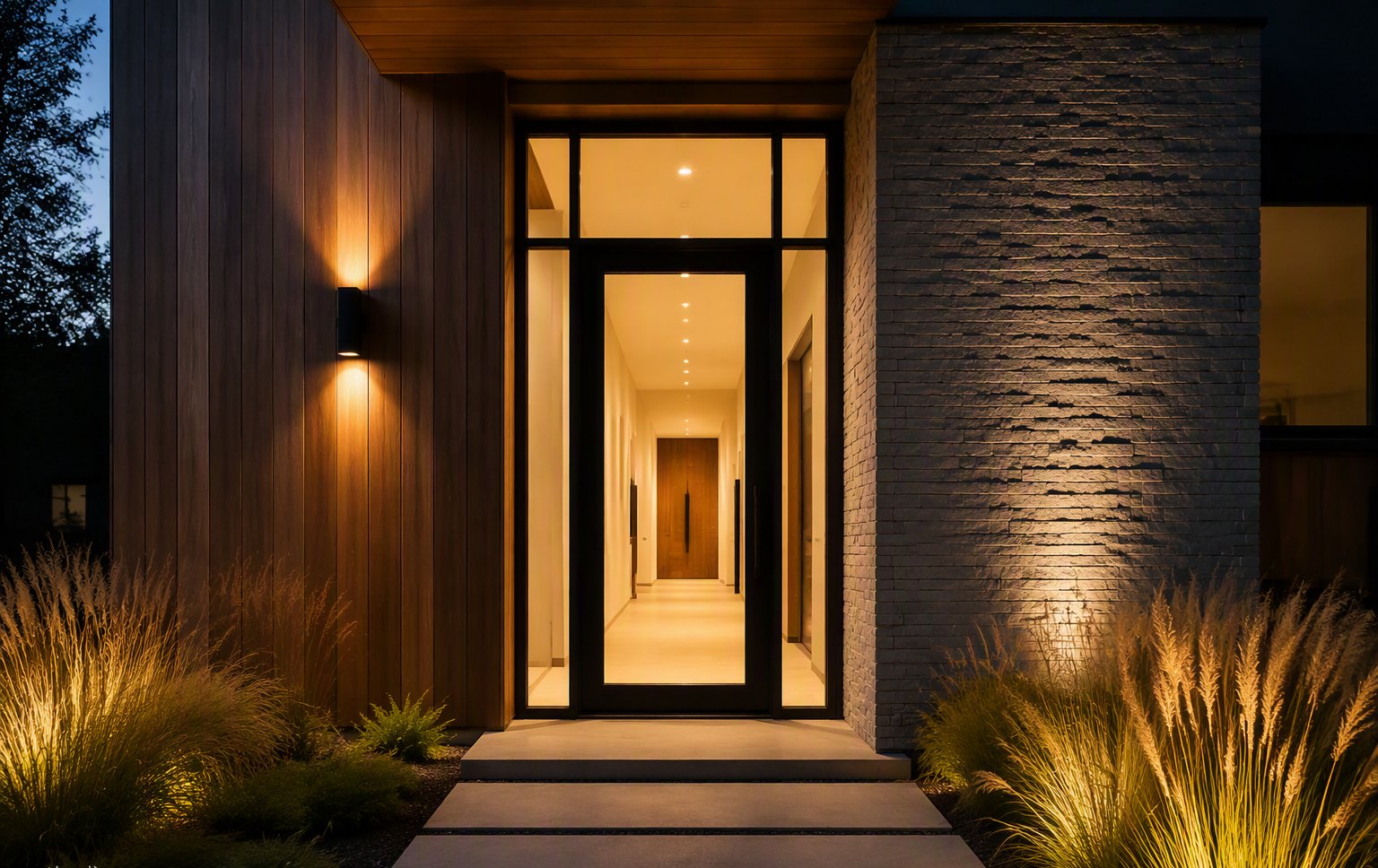 Design inspiration: full glass modern entry door at dusk