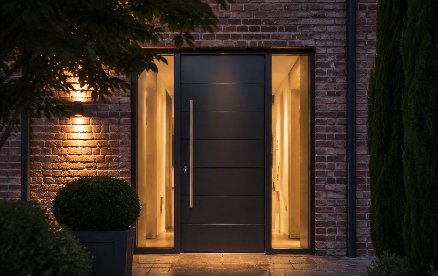 Design inspiration: entry door with twin glass sidelites glowing at dusk