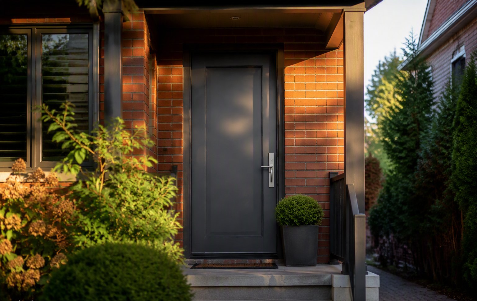 Design inspiration: a modern single entry door in charcoal on a brick home