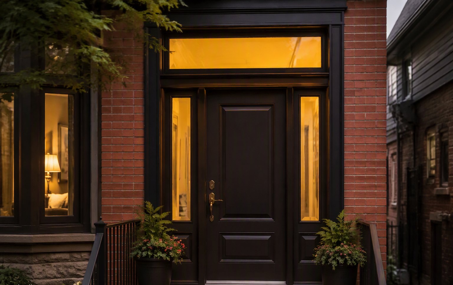 Design inspiration: entry door crowned with a glowing rectangular transom