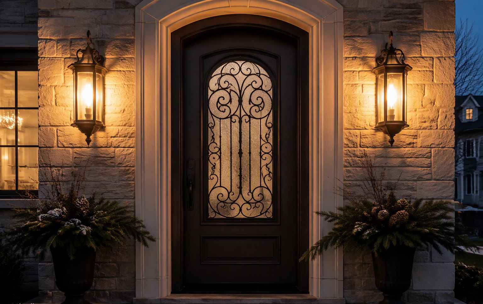 Design inspiration: arched wrought iron glass insert door with lanterns