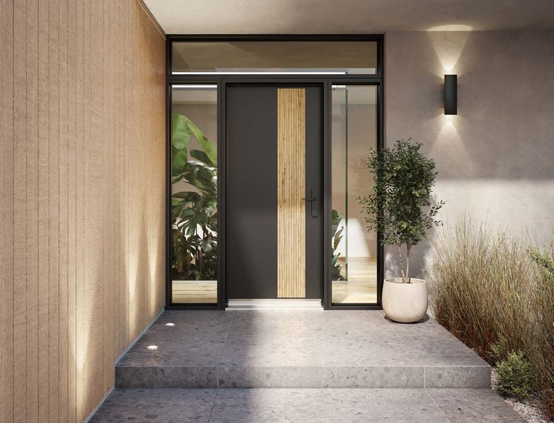 Novatech catalogue photo: contemporary entry door with reeded wood accent and twin sidelites