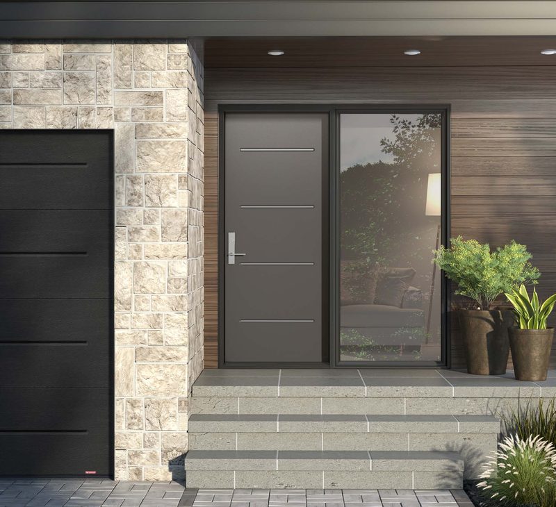 Novatech catalogue photo: modern steel entry door with full glass sidelite on a stone home