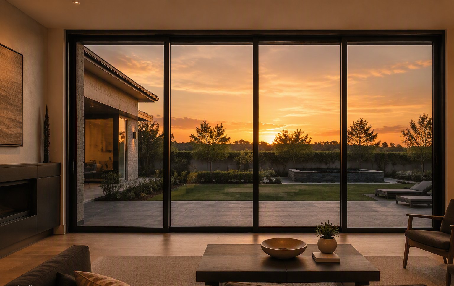 Design inspiration: 4-panel glass patio wall at sunset