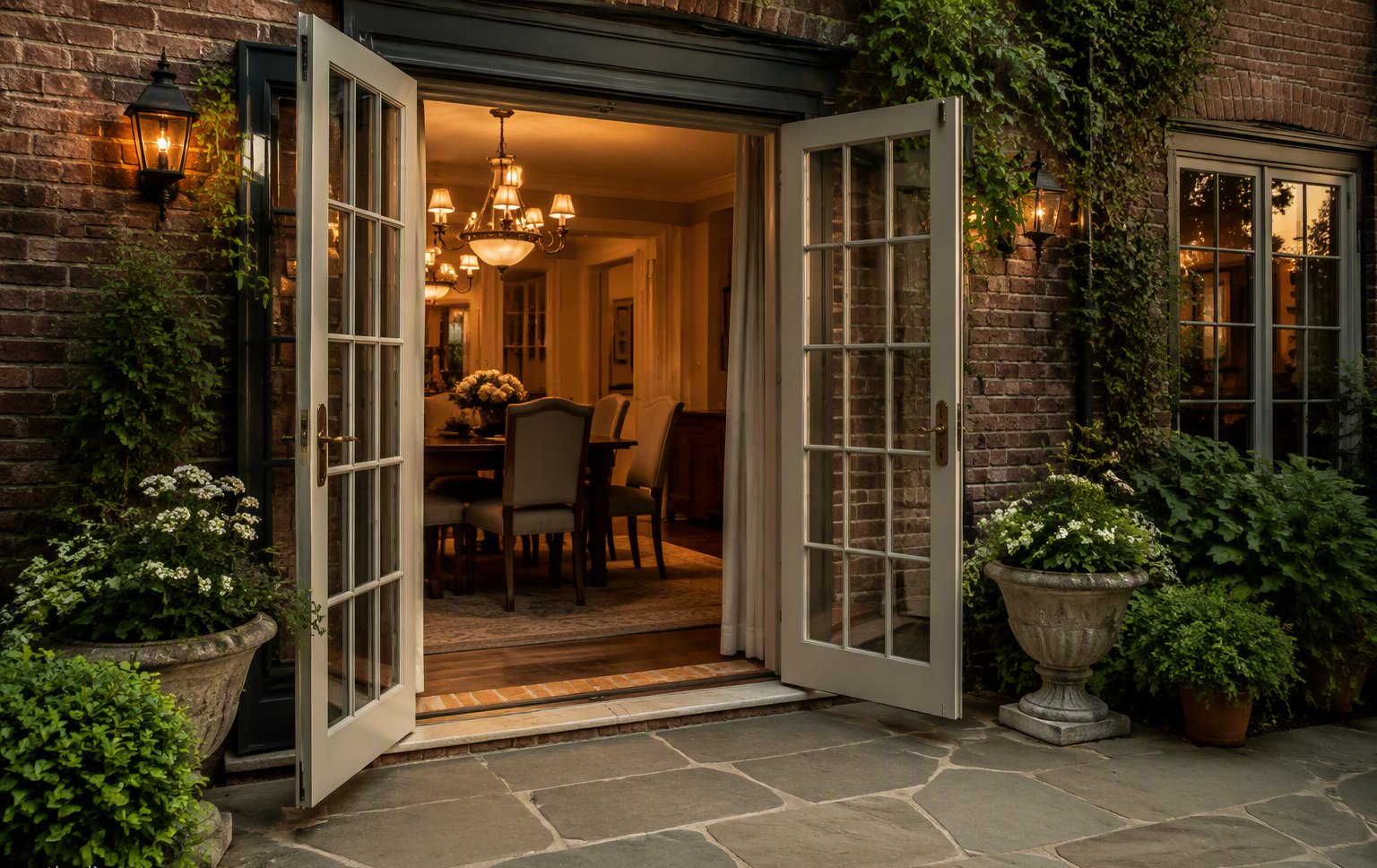 Design inspiration: French garden doors swung open onto a stone patio at golden hour
