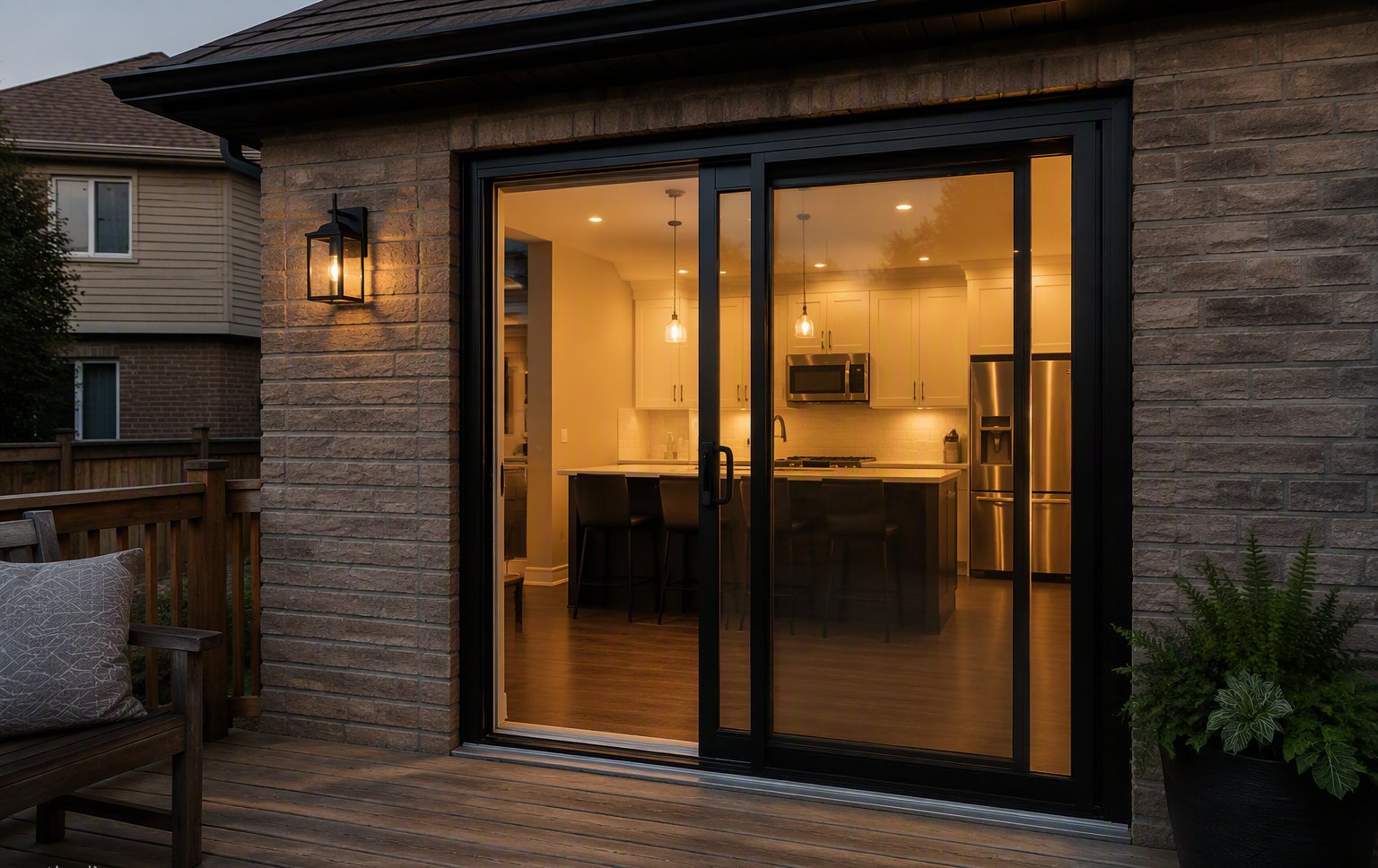 Design inspiration: black 2-panel sliding patio door with kitchen light glowing through